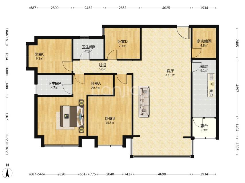 盘龙区 碧桂园北城映象春分苑 4室2厅2卫 160.69㎡ 朝南 精装 150万 - 图片1